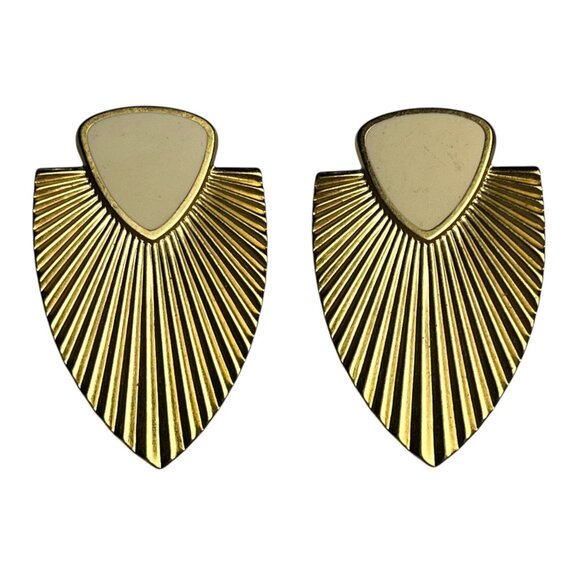 Vintage Art Deco Style stud Earrings Gold Tone & Cream Enamel Fan Design - Picture 1 of 4